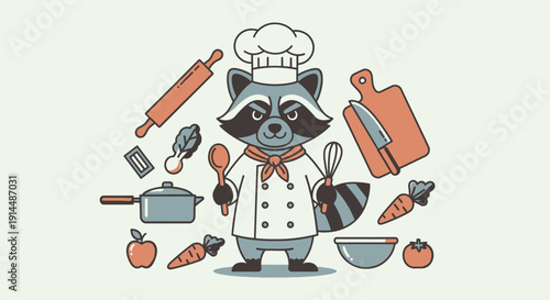 Cartoon Raccoon Chef Cooking with Kitchen Utensils.