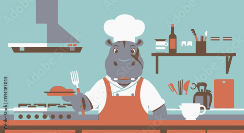 Cartoon Rhinoceros Chef in Kitchen Apron.