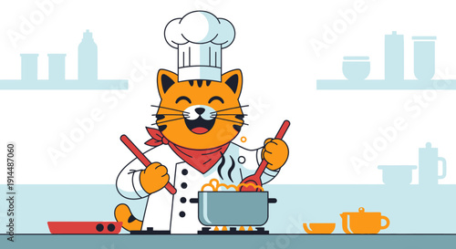 Cartoon Tiger Chef Cooking in Kitchen.