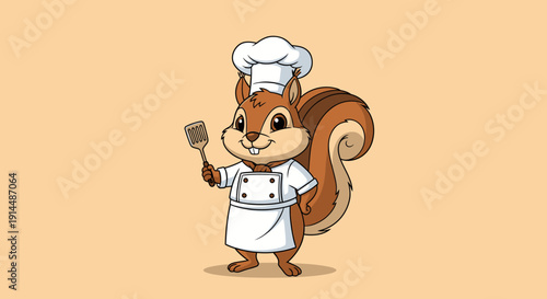 Cartoon Squirrel Wearing Chef Hat and Apron.