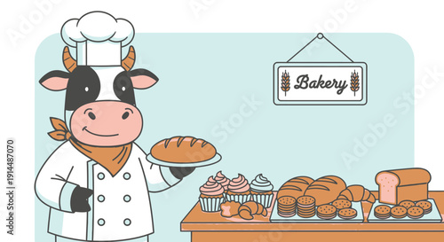 Cow Chef Holding Pastry in Bakery.