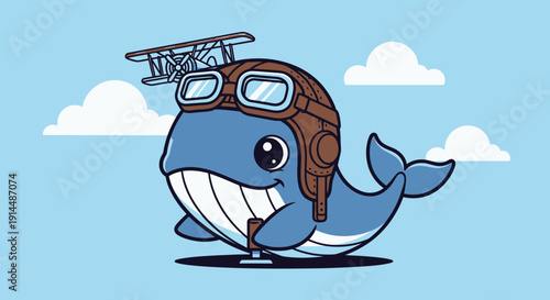 Cartoon Whale Wearing Aviator Hat and Goggles.