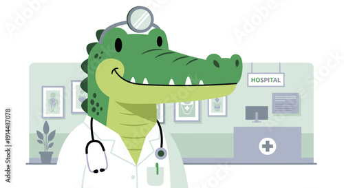Crocodile Doctor Cartoon Character With Stethoscope.