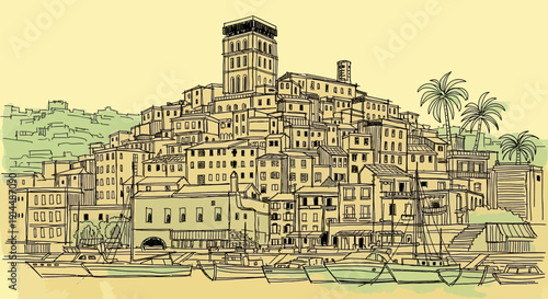 coastal town illustration, buildings on a hill, harbor view