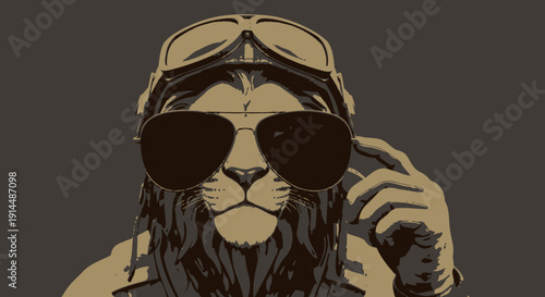 Lion Wearing Sunglasses and Aviator Hat.