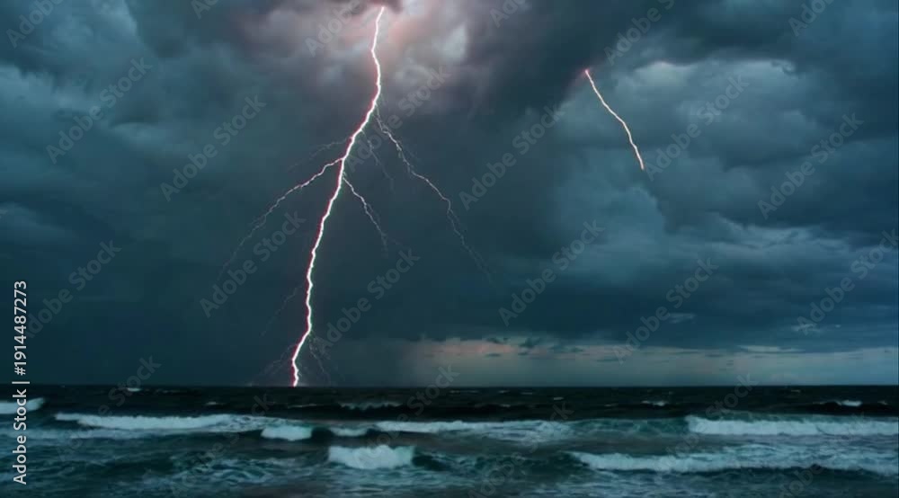 Powerful Lightning Bolt Striking Over Dark Stormy Ocean Waves at Night ...