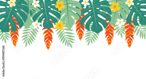 tropical leaves and flowers border, summer design