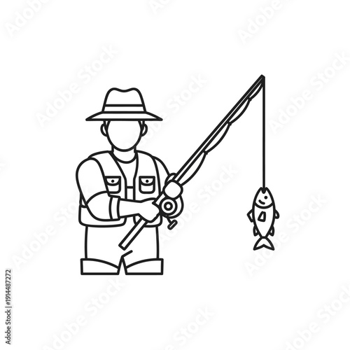 Illustration of a Man Fishing with a Rod and Catching a Fish