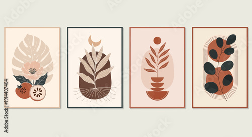 abstract botanical art prints, modern wall decor, minimalist floral illustrations