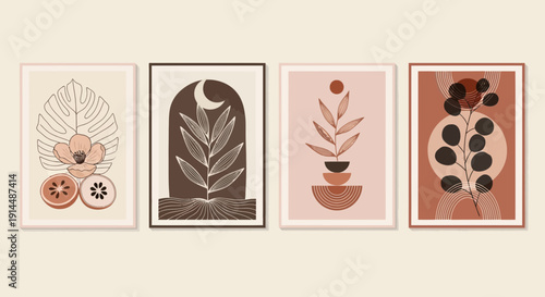 boho wall art prints, abstract botanical illustrations