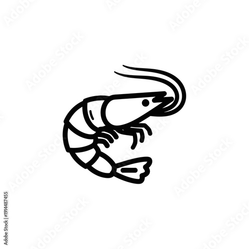 Minimalist Black and White Illustration of a Shrimp for Seafood or Marine Life Themes