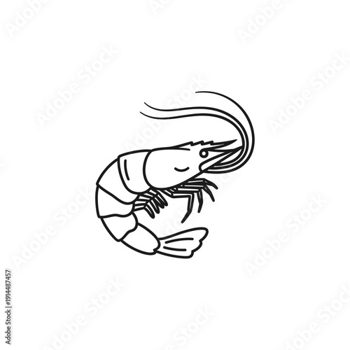 Minimalist Black and White Illustration of a Shrimp with Curved Antennae