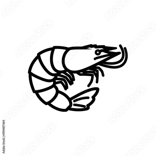 Minimalist Black and White Illustration of a Shrimp with Detailed Shell and Claws