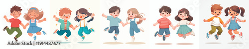 vector of two children jumping happily together holding hands