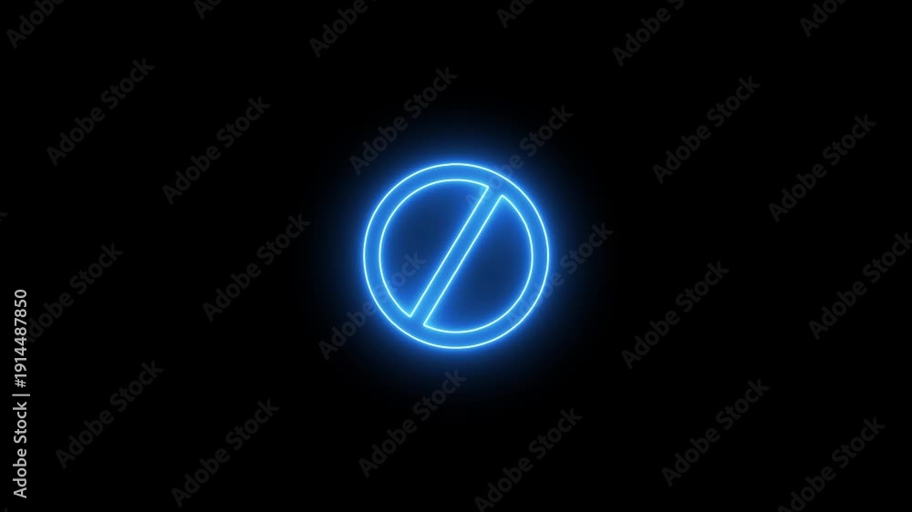 Restricted Line Glowing blue neon prohibition sign symbol with a diagonal line across a ...