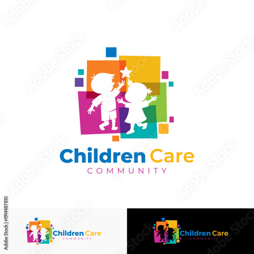 logo of two small children, a boy and a girl, playing happily, pixel logo technology