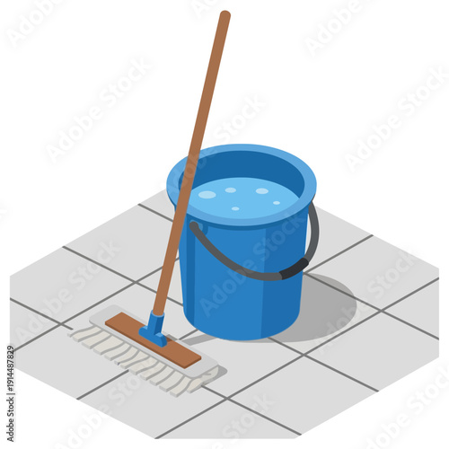 Cleaning bucket with mop on tiled floor.