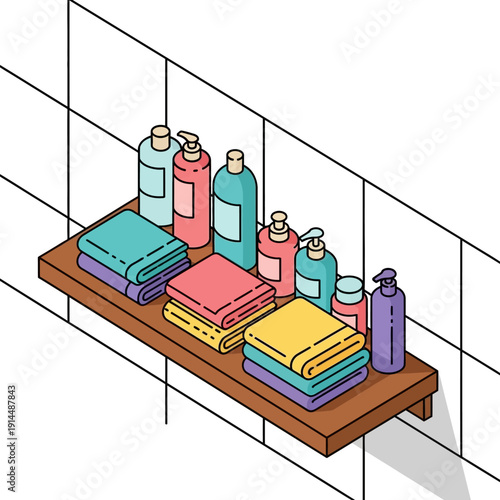 Bathroom shelf with towels and toiletries in a modern tiled bathroom.