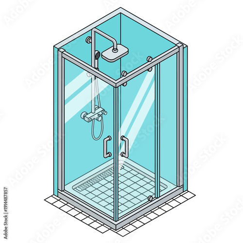 Modern glass enclosed shower cubicle with rainfall showerhead and handheld shower.