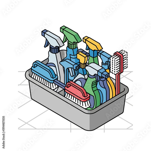 Cleaning supplies in a caddy with various brushes and sprays.