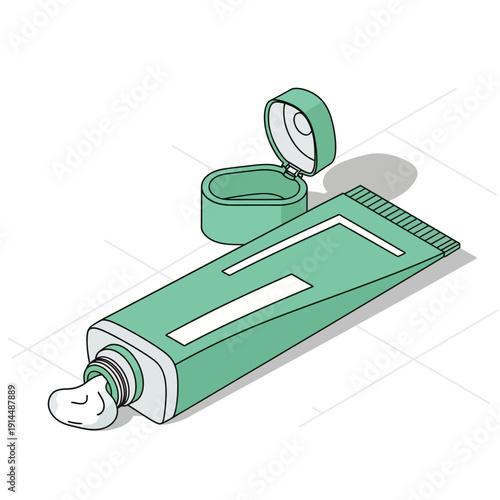 Illustration of a green tube of toothpaste with cap off and paste squeezed out.