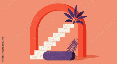 abstract staircase design with arch and plants