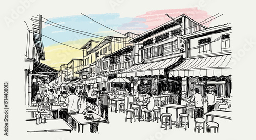 street market scene, sketch style, people dining, outdoor cafe