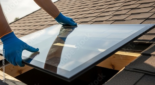 Installation of new skylight on shingle roof for modern home daylighting