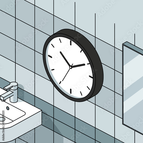 Bathroom interior with clock and sink.