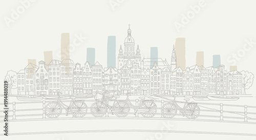 amsterdam skyline with bicycles, dutch architecture and canal bridge