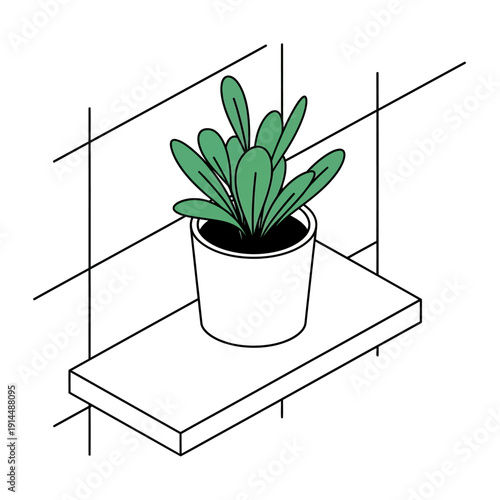 Simple line drawing of a potted plant on a shelf.