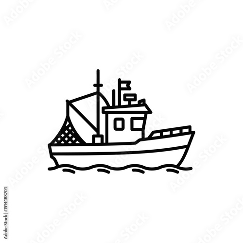 Simple Black and White Fishing Boat Illustration for Marine Industry