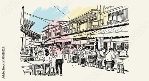 street food market illustration, people dining, outdoor cafe scene
