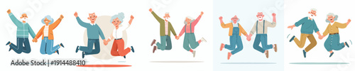vector of a old couple jumping happily together holding hands