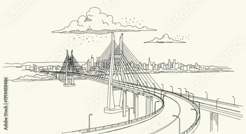 bridge architecture cityscape, cable-stayed design, urban infrastructure