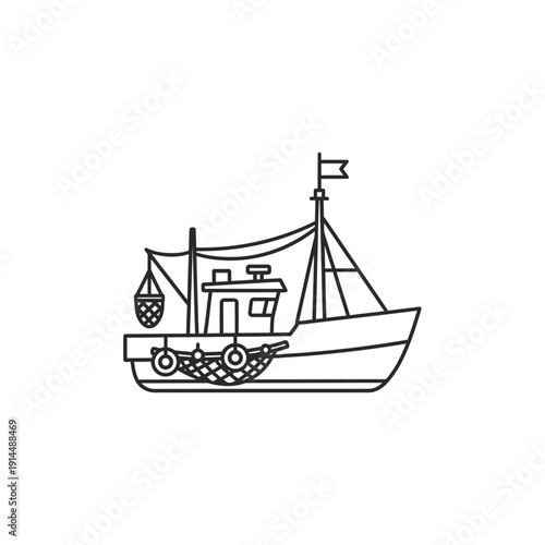 Simple Line Drawing of a Fishing Boat with Nautical Elements
