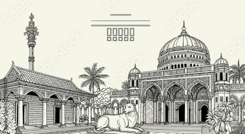 intricate architectural drawing, oriental palace, detailed artwork, historical building, black and white