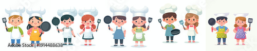 vector of two children standing next to each other holding kitchen tools