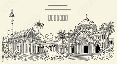 historical architecture illustration, bangladesh landmark, mosque and minaret
