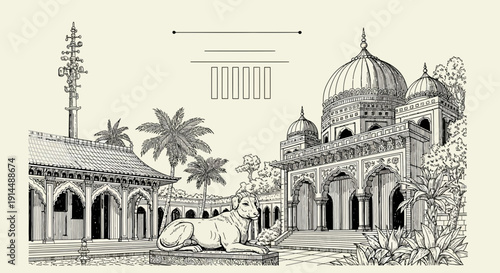 indian temple architecture, cow statue, historical building