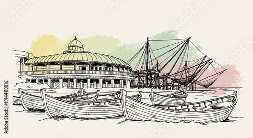 fort kochi boats, chinese fishing nets, kerala india illustration