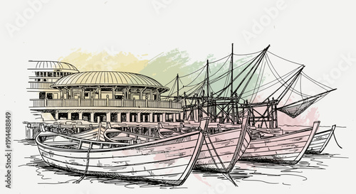 boats near pier watercolor illustration, fishing village scene