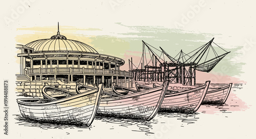 boats near building, chinese fishing nets, kerala india
