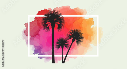 silhouette palm trees against colorful watercolor background