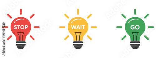 Stop, wait, and go vector icon set, featuring flat green, yellow, and red light bulbs with letters, ideal for traffic management, road signage, safety campaigns, urban planning