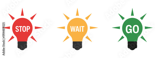 Stop, wait, and go icons, green, yellow, and red light bulbs with lettering, flat vector illustrations, perfect for traffic signals, road safety