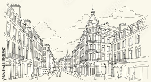 european street scene, architecture drawing, city buildings, urban landscape