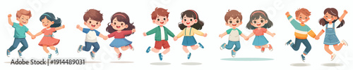 vector of two children jumping happily together holding hands