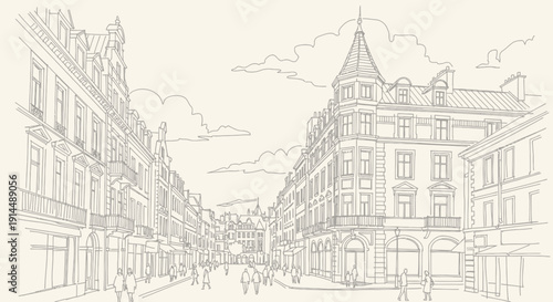 european street scene, architecture drawing, city buildings, urban landscape