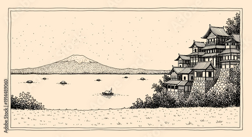 japanese landscape drawing, mountain and village scene